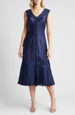 NEW, Koma Rov tiered charmeuse & chiffon Navy dress Size L #MD300