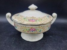 Vintage Floral Gold Trimmed 1930s Sugar Bowl W Lid With Handles Made In the USA