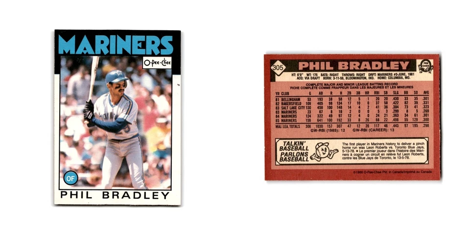 Phil Bradley 1986 O-Pee-Chee #305 Seattle Mariners Baseball Card NM - Image 3 of 3