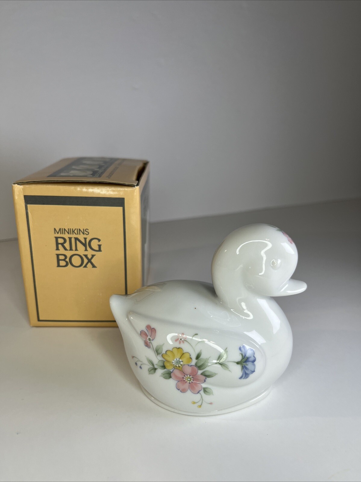 Vtg. Porcelain Duck Trinket Box Floral Design Original Sticker Japan W/ Box.
