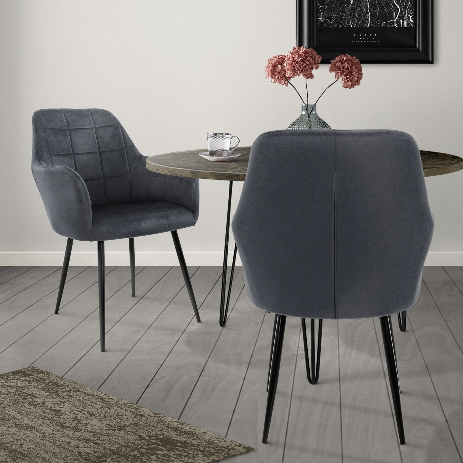 2x Sillón mueble de comedor gris oscuro asiento acolchado patas de madera acero