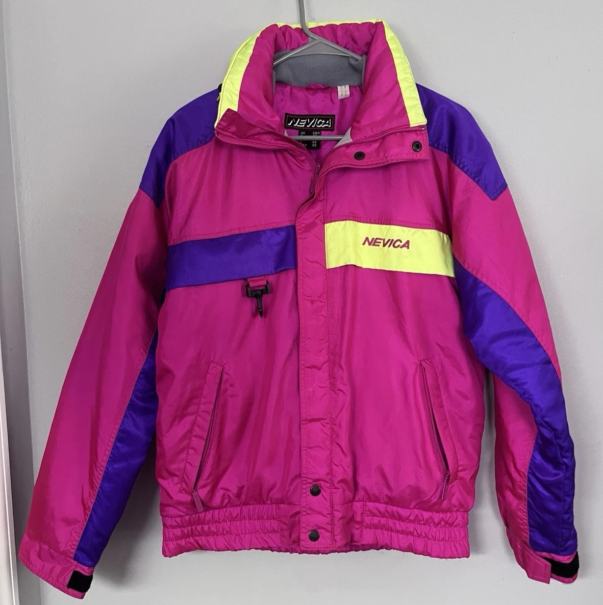 Vintage 80s Nevica Ski Jacket Puffy Hooded Pink Purple Yellow Sz 38