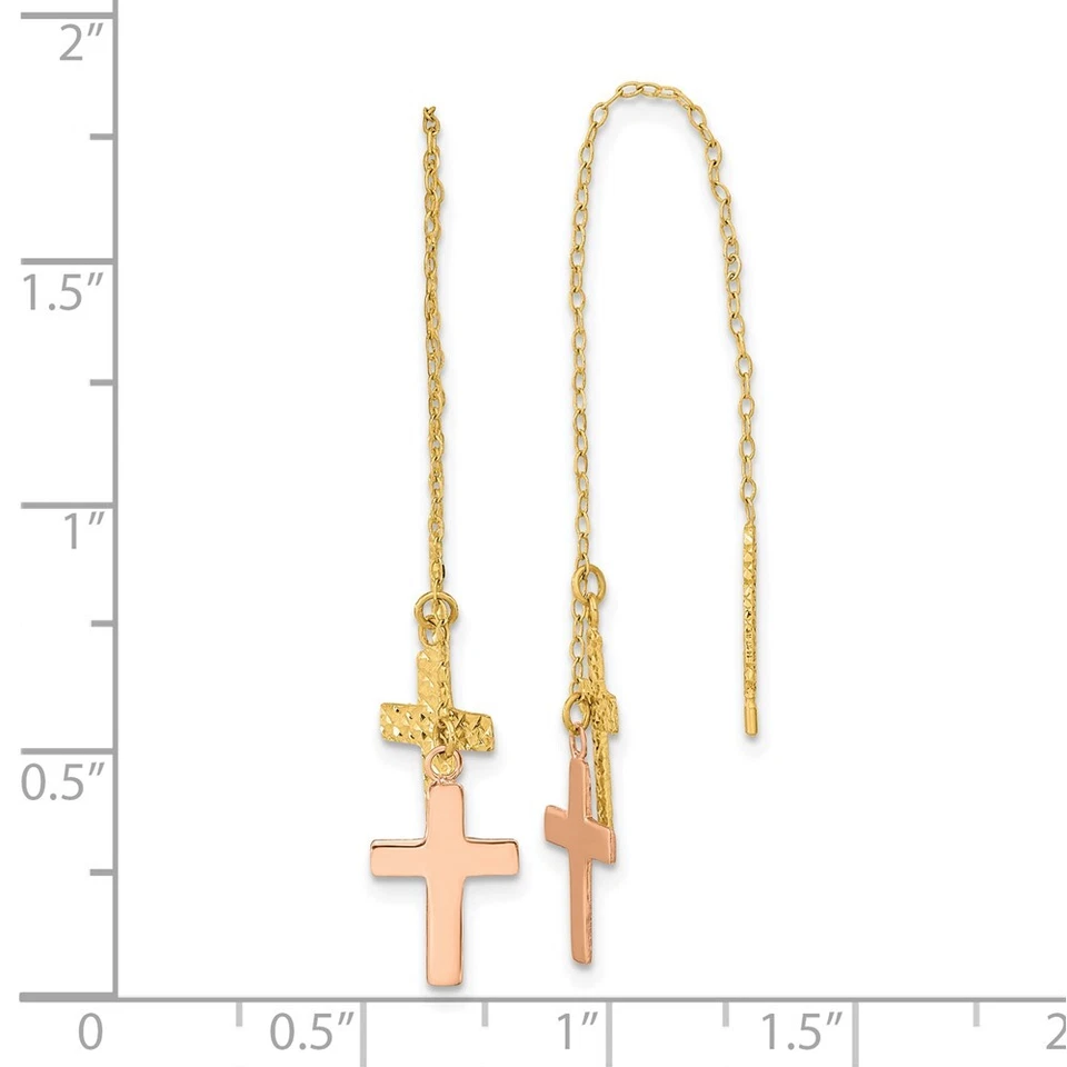 63mm 14k Yellow & Rose Gold Shiny-Cut Polished Crosses Threader Earrings - Image 4 of 4