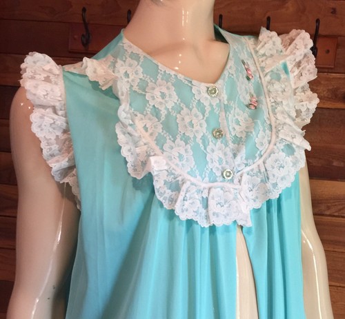 VINTAGE LADY LOVELY AQUA SIZE MEDIUM ROBE with WHITE LACE TRIM #15006 - Picture 6 of 10