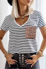Women's NEW Small V Neck Striped T-shirt with Patch Pocket