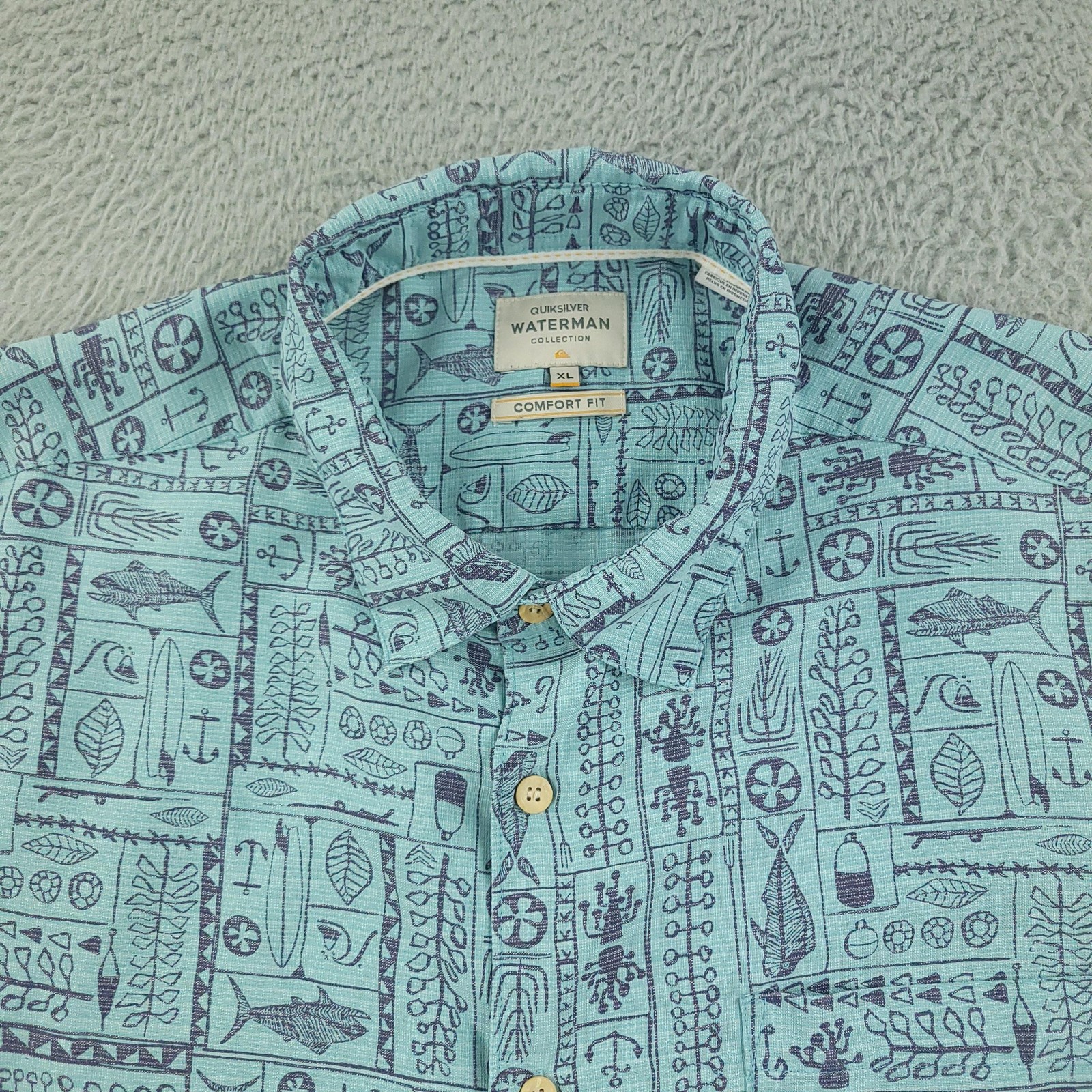 Quiksilver Waterman Shirt Mens XL Blue Nautical Print Short Sleeve Button Front