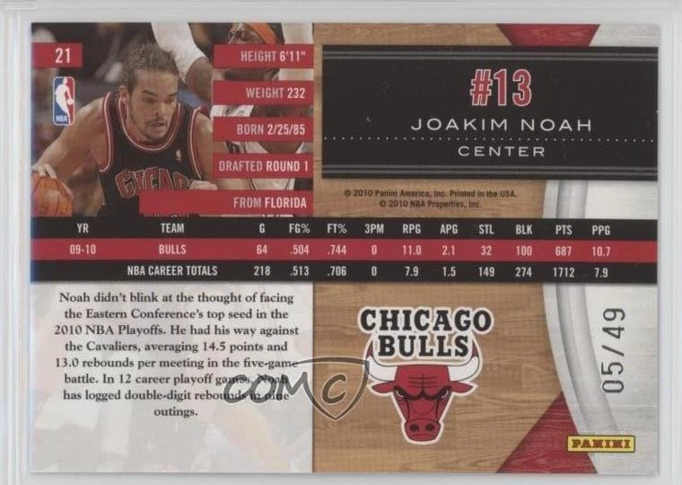 2010-11 Panini Limited Spotlight Gold /49 Joakim Noah #21 - Image 2 of 2