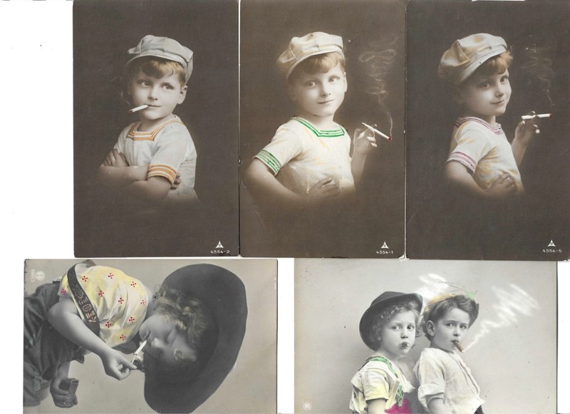 UNUSUAL 5 RPPC REAL PHOTO TOBACCO HAPPY CHILDREN SMOKING CIGARETTES FOREIGN KIDS