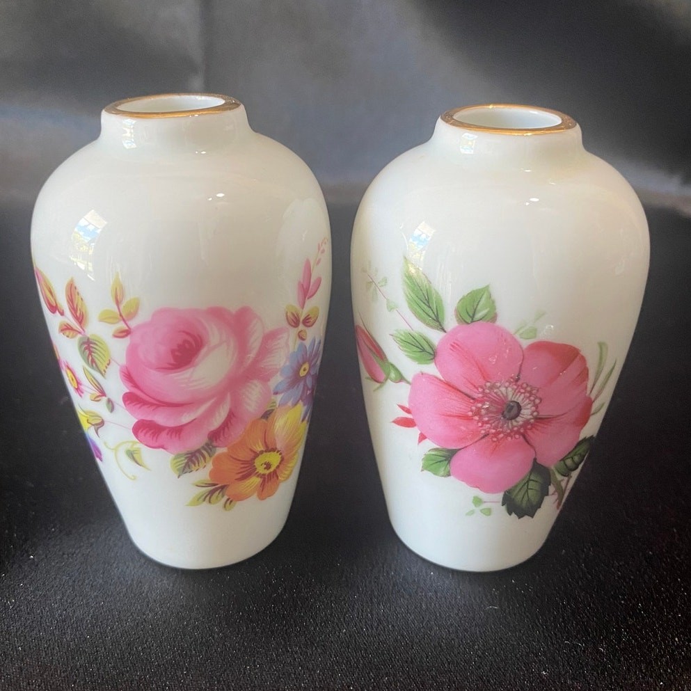 Limoges France Mini Porcelain Vases Pair Floral Gold Trim 3