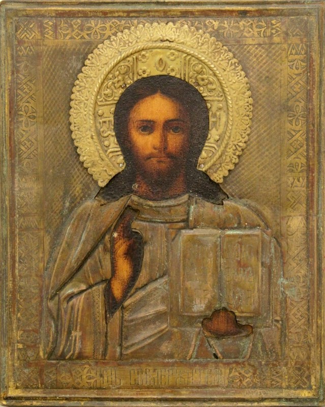 ANTIQUE  19c HAND PAINTED RUSSIAN ICON OF CHRIST (1150).