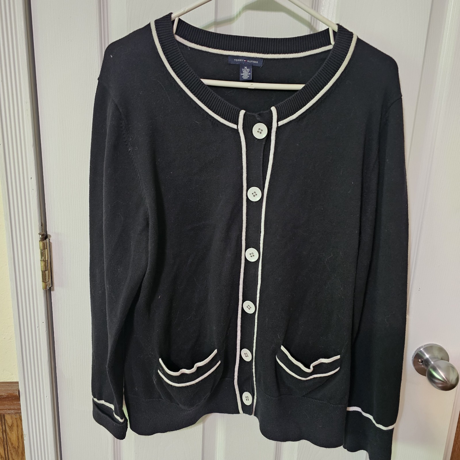 Tommy Hilfiger Y2K Black & White Button Down Cotton Cardigan Women's Size XL