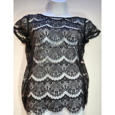 Fred David Womens Sheer Lace Top L Black Floral Short Sleeve Layering Blouse