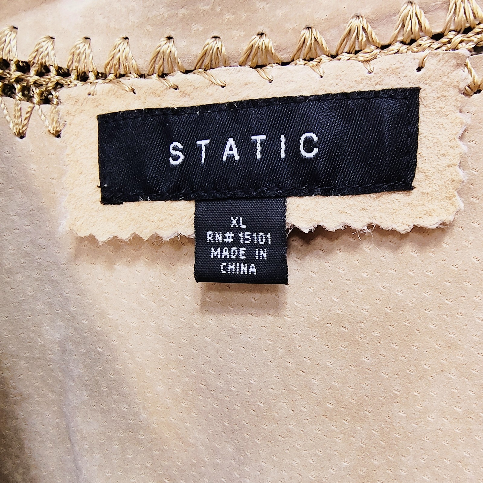 Vtg Static Suede Crochet Patchwork Jacket XL Tan … - image 6