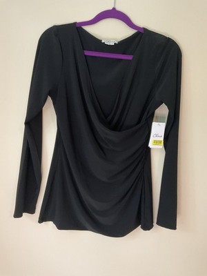 Chaus Cowl Wrap Top Womens Small Solid Black Sleeve Stretch Shirt Crisscross New