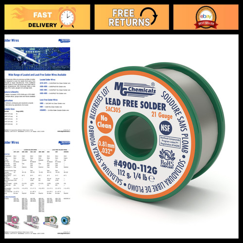 High-Quality No-Clean Lead-Free Solder, 0.032" Diameter, 96.3% Tin, 3% Silver, 1