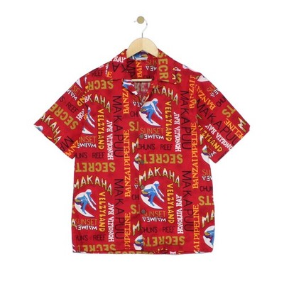 Go Barefoot Hawaiian Shirt Mens Size S Red USA Made Printed Short Sleeve