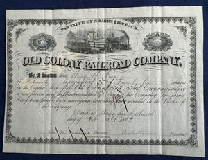 Antique Old Colony Railroad Company Stock Certificate -1876