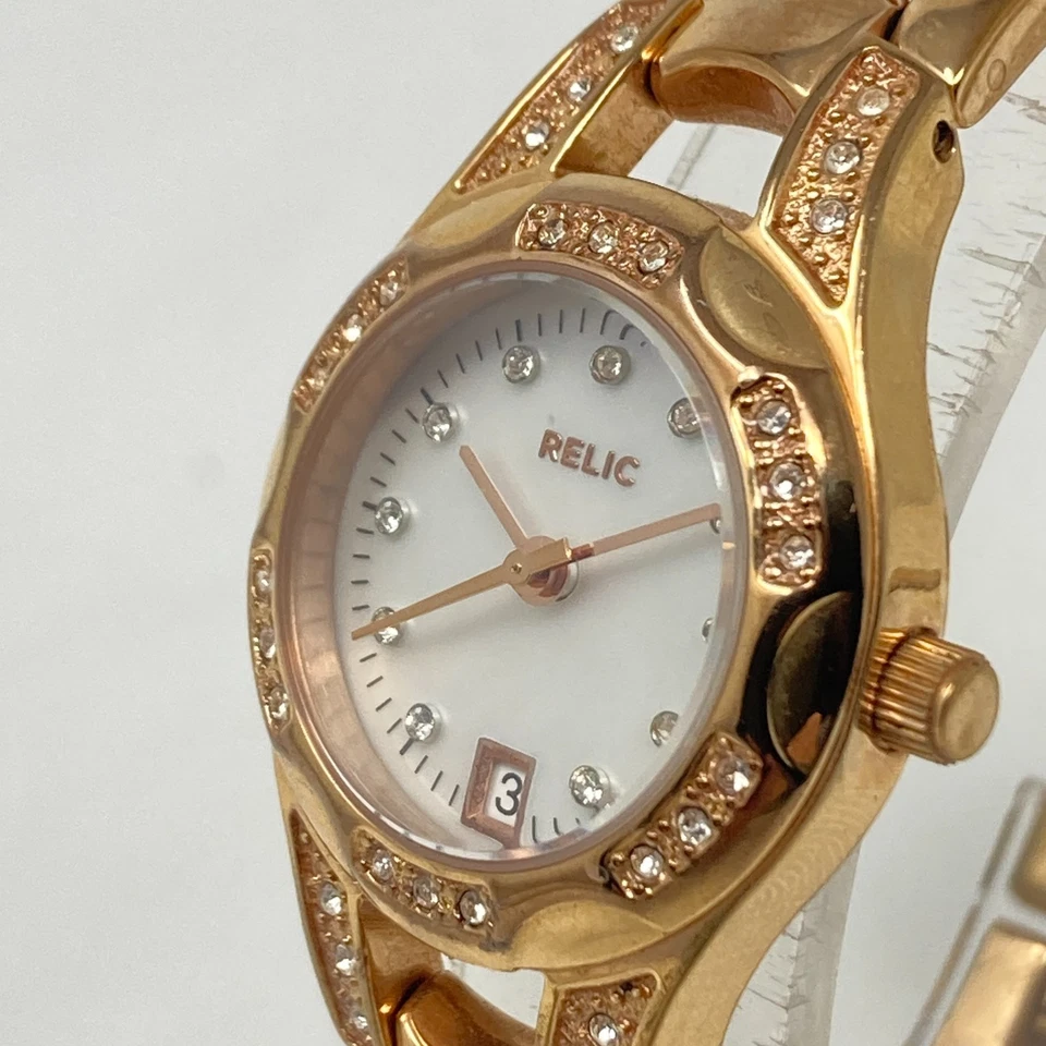 Relic Watch Women 25mm Rose Gold Tone Date Crystals Bling MOP New Battery 6.25" - Image 4 of 4