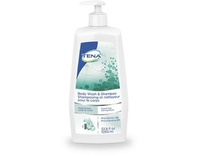 TENA Body Wash and Shampoo, 1,000 milliliter Pump Bottle, Unscented, 8 Ct, 64343