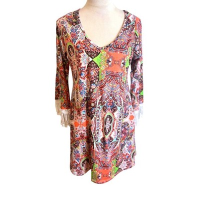 Bellino USA Paisley Tunic Dress Women Boho Fringe 3/4 Sleeve M Multicolor