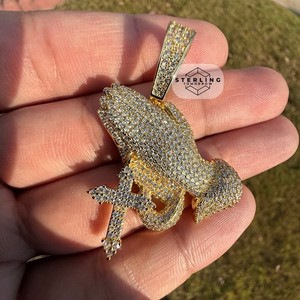 Authentic Prayer Cross Iced Pendant 14k Gold Plated CZ Religious +AntiTarnish Rope Chain
