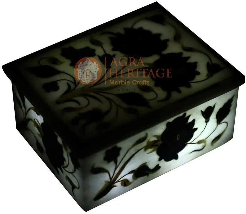 3"x2"x2" White Jewelry Lidded Box Lapis Floras Marquetry Art Halloween Gift Deco - Image 4 of 4