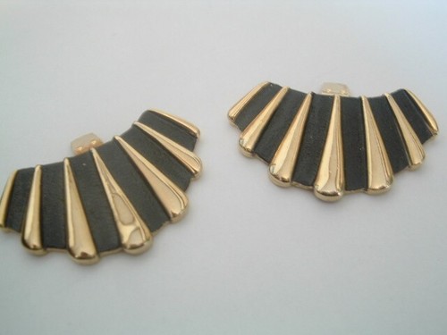 Vintage Pair French Bluette Art Deco Black Golden Fan 2" Shoe Clips NWT