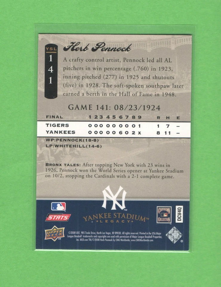 2008 Upper Deck Yankee Stadium Legacy - #YSL141 - Herb Pennock - NY Yankees  - Image 2 of 2