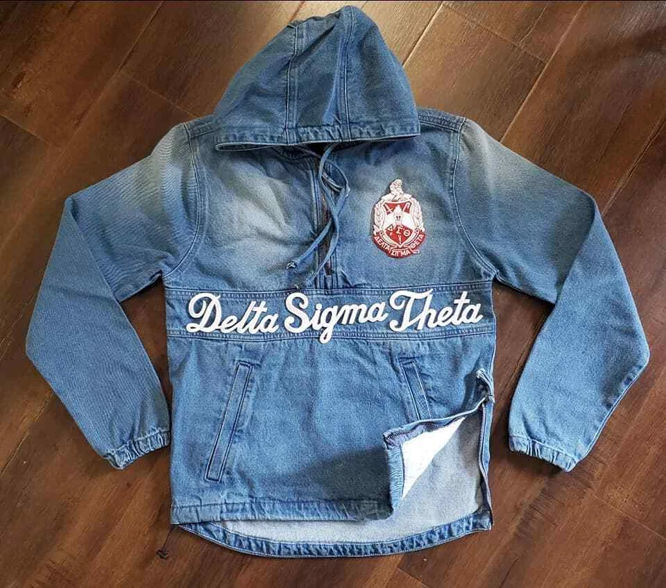 DELTA SIGMA THETA PULLOVER DENIM JEAN JACKET DELTA DIVA DENIM HOODIE JACKET