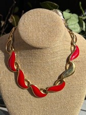 Vintage Signed Napier Patent Pending Red Enamel  Gold Tone Statement Necklace