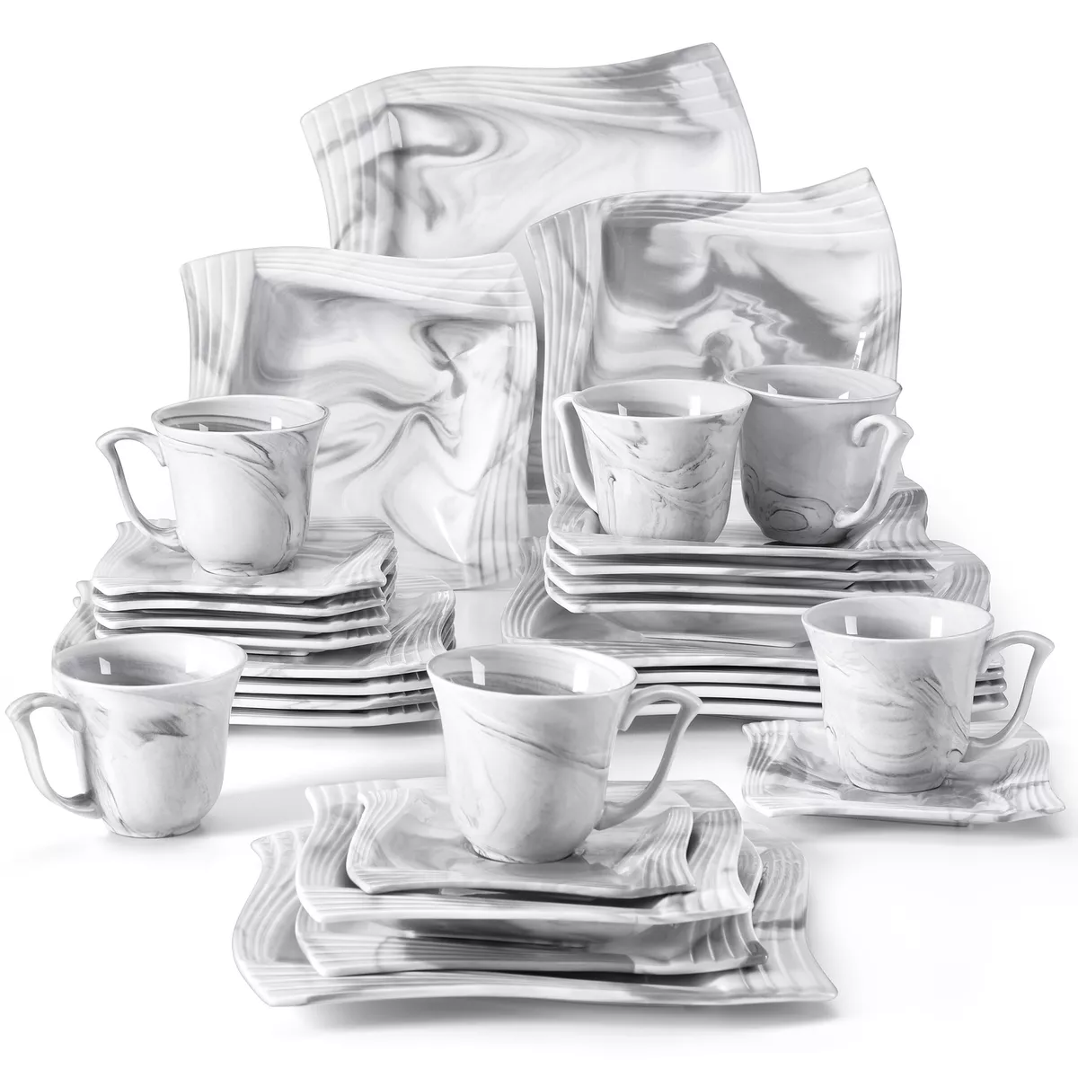 MALACASA Plates and Bowls Sets, 30 Piece Porcelain Dinnerware  Sets for 6, Square Dinnerware Set with Dinner Plate, Dessert Plate, Soup  Plate, Cup & Saucer, Modern Dish Set, Marble Grey