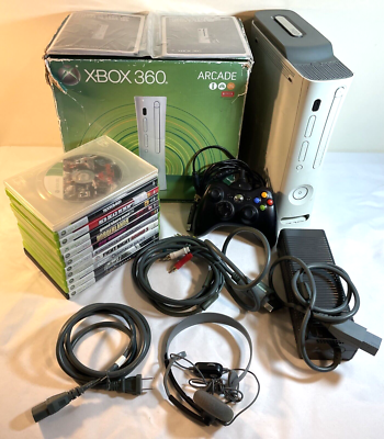 XBOX 360 ARCADE CONSOLE w/ Box, Hookups +12 Games - Tested Works