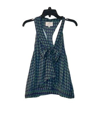 Madison Marcus Silk Blouse Size XS Sleeveless Tie at Neck Green Blue Print 