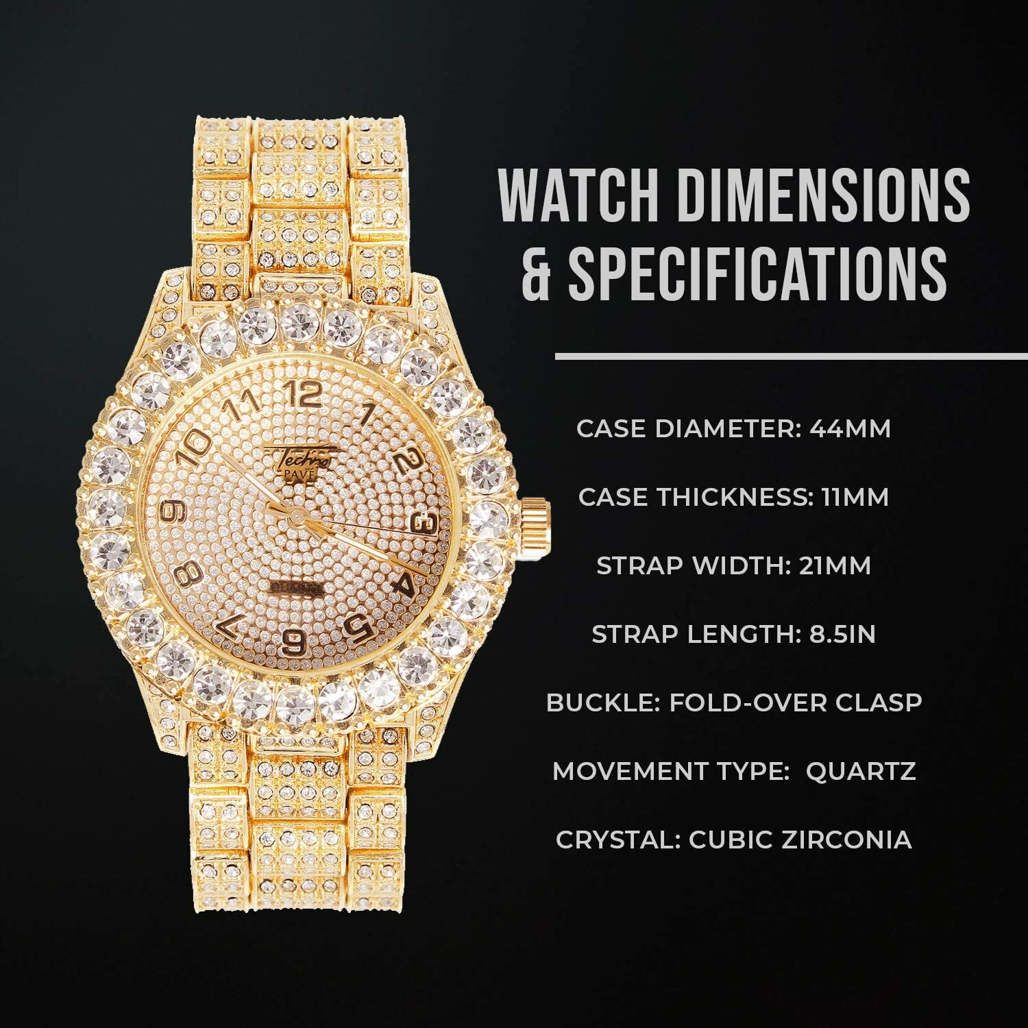 Iced Watch Bling Rapper Simulate Solitaire Diamond Stone Band Gold Hip