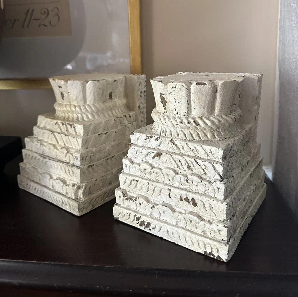 Pottery Barn Architectural Candle Pillar Holders Ivory Wood Candleholders Carved - Image 3 of 4