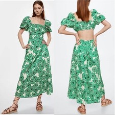Mango MNG Green Floral Print Cotton Open Back Puff Sleeve Margi Maxi Dress Sz 6