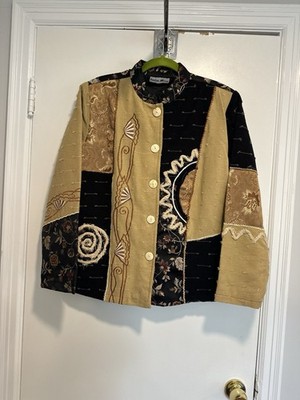 VTG Indigo Moon Black Beige patchwork embroidered retrocore boho Hippie jacket