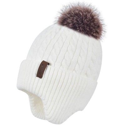  Women's Knitted Warm Beanie Winter Hat, Cashmere Inner Layer, One Size White