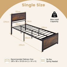 Industrial Single Size Bed Frame Heavy-duty Metal Platform Bed w/High Headboard