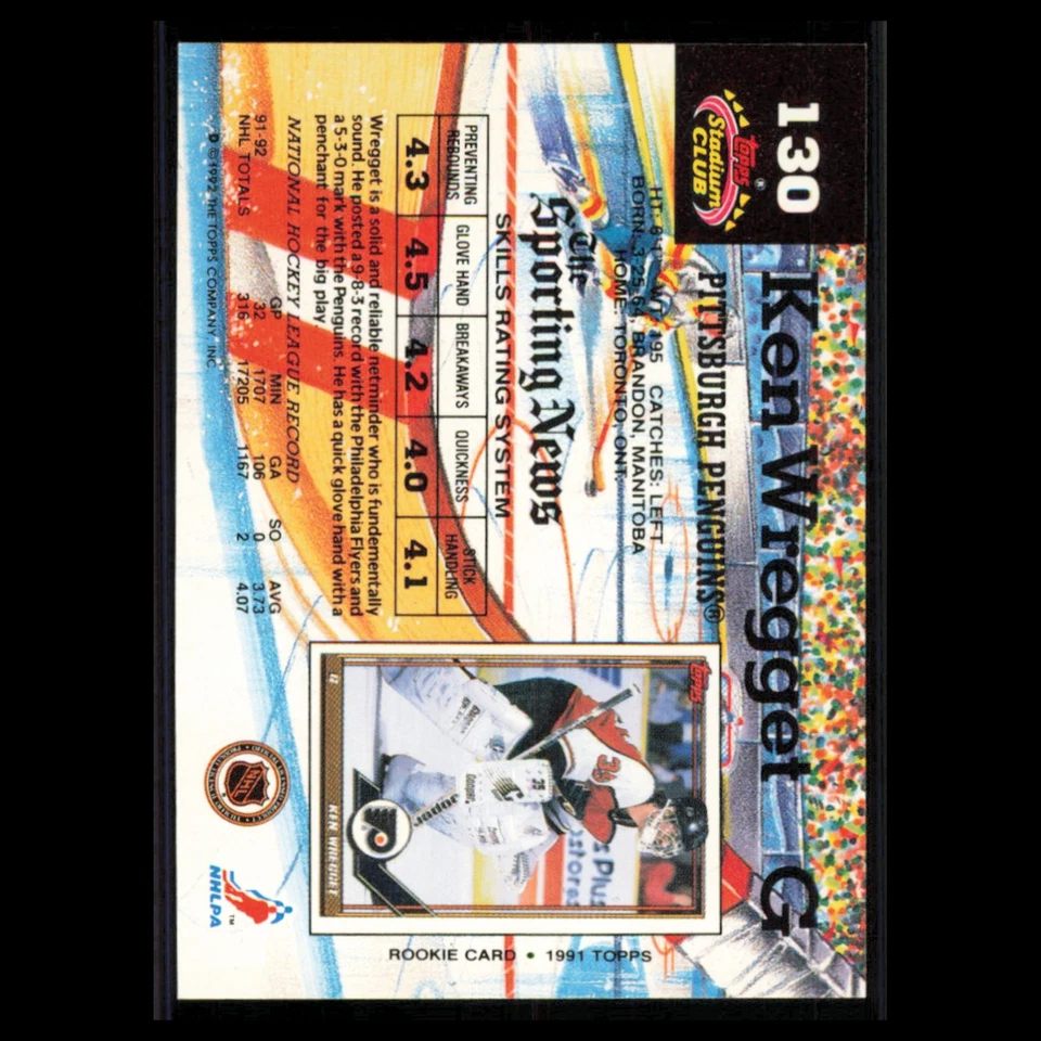 Ken Wregget #130 1992 Stadium Club Pittsburgh Penguins Hockey Card NHL NM - Image 2 of 3