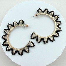 Vintage Y2K Gold Tone Black Beaded Hoop Sunburst Spike Earrings Women's Jewelry