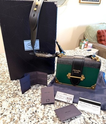 PRADA Green/Black Small Crossbody Bag Buckle Closure Gold Hardware Strap Dust