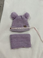 Kids Winter Hat and Scarf Set, Purple Knit Beanie with Pom Poms, Unisex