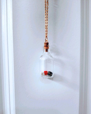 Hand Crafted Necklace Mini Dice in a Glass Jar on a 22'' Gold Tone Chain