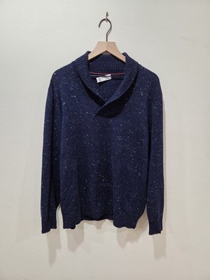 Brunello Cucinelli Cashmere Blend Donegal Shawl Pullover Sweater Navy Blue 54 XL