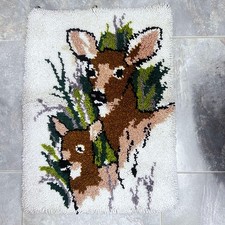Vintage Deer Latch Hook Wall Hanging Rug 26X18 Woodland Design Handmade 70s