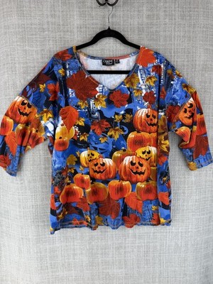 Onque Casual T-Shirt Womens 2X Blue 3/4 V-Neck Jersey Rhinestone Halloween