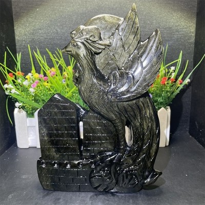 3.3LB 9.2''Natural Golden Obsidian Phoenix Carve Crystal Mineral Reiki Decor Gift