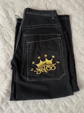 Vintage Jnco Tribals Yellow Crown Graphic Baggy Black Denim Jeans Men's Size 34