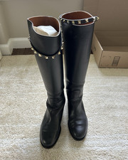 Valentino Garavani Rockstud Riding Boots Black Leather Knee High Boots Size 38
